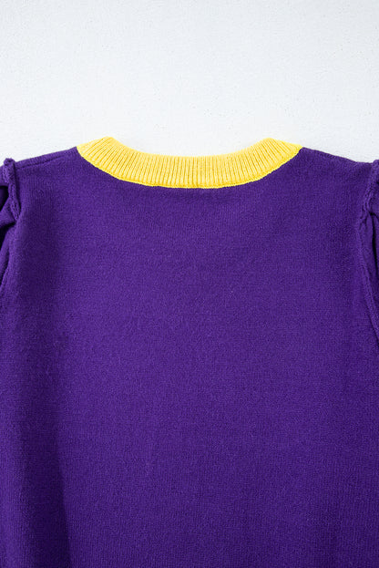 Purple Sequin Football Color Block Puff Short Sleeve Sweater