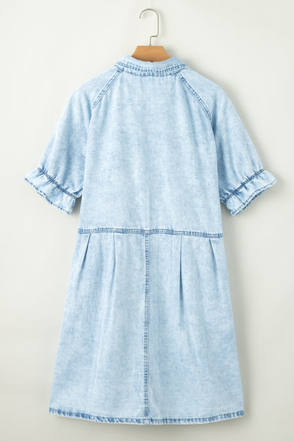 Medium Grey Mineral Wash Ruffled Short Sleeve Buttoned Denim Dress
