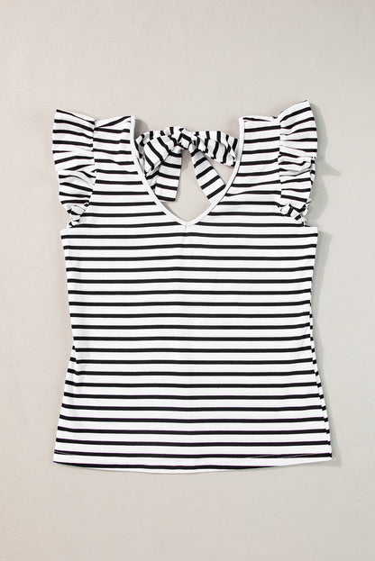 Pink Stripe Butterfly Sleeve V Neck Hollowed Knot Back T Shirt