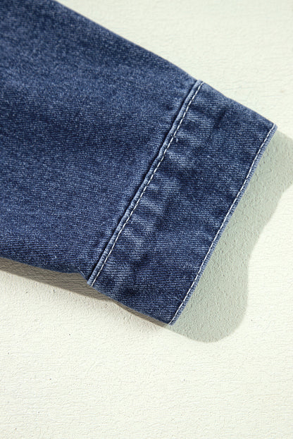 Beau Blue Ruffle Raw Hem Flap Pockets Denim Jacket