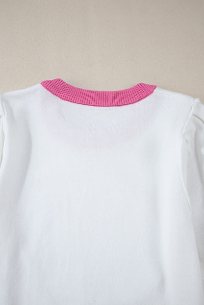 Purple Sequin Football Color Block Puff Short Sleeve Sweater