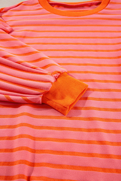 Orange Stripe Drop Shoulder Crew Neck Loose Sweatshirt