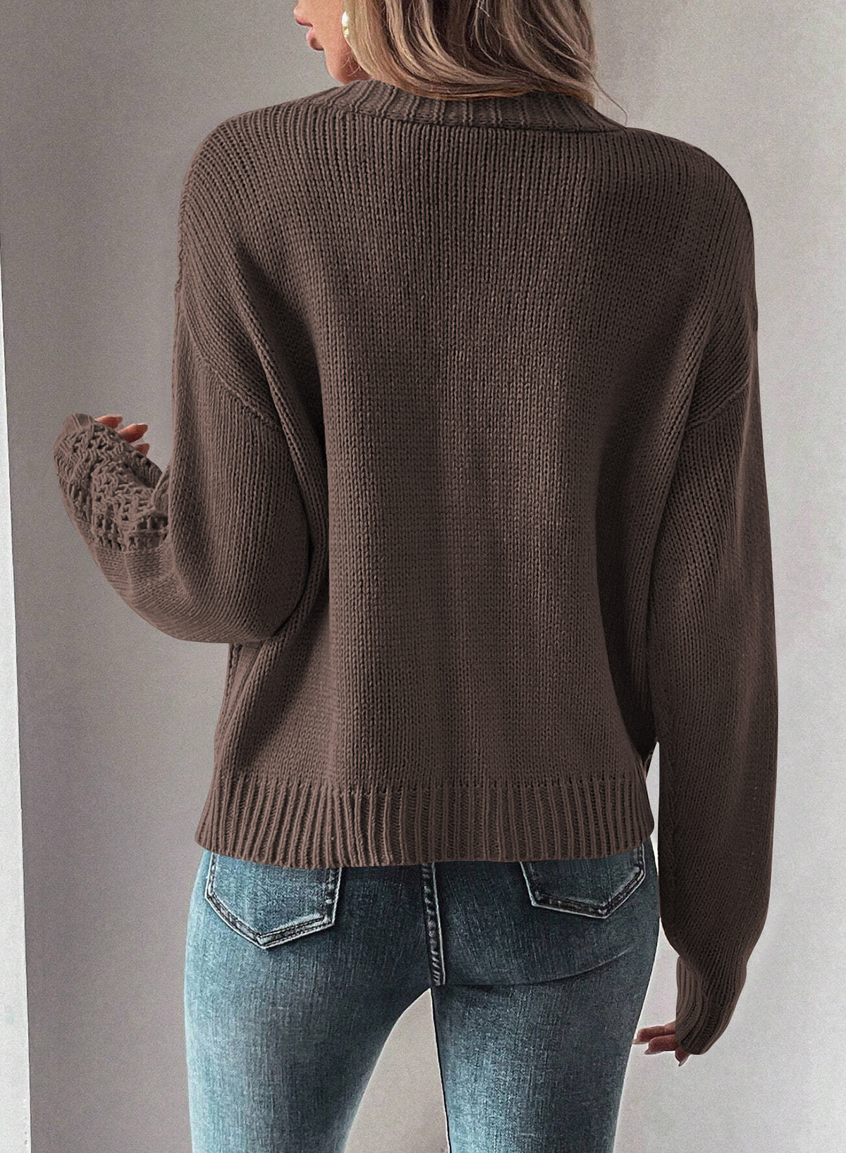 Beige Open Knit Drop Shoulder Sweater Cardigan