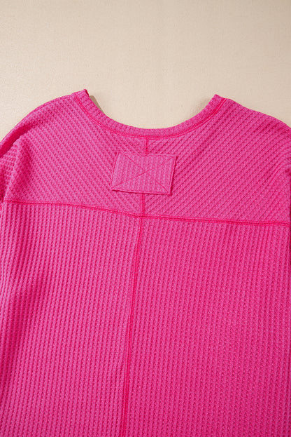 Orchid Petal Waffle V Neck Long Sleeve Drop Shoulder Loose Blouse