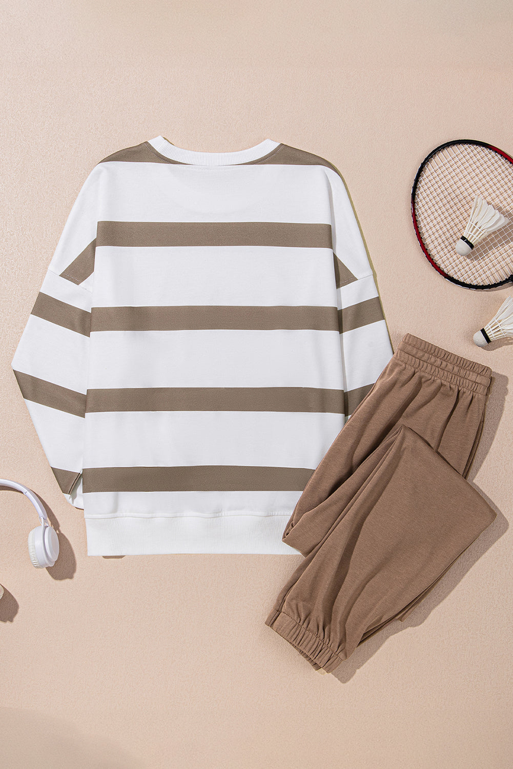 Black Stripe Drop Shoulder Pullover and Jogger Pants Set
