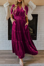 Prussian Blue Velvet Short Sleeve Shirred Waist Tiered Maxi Dress