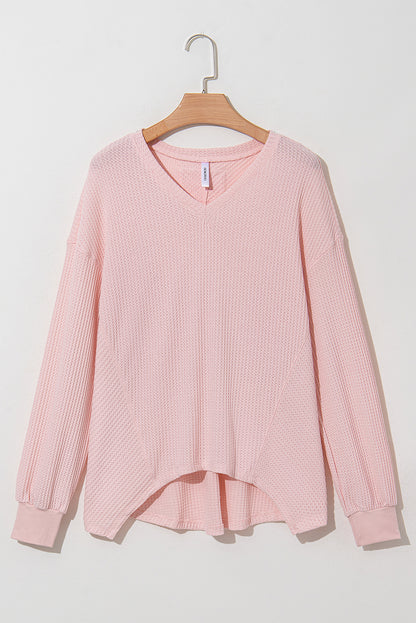 Orchid Petal Waffle V Neck Long Sleeve Drop Shoulder Loose Blouse