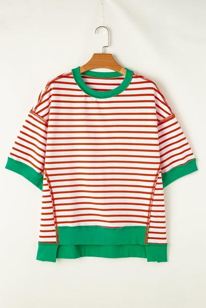 Sky Blue Stripe Oversized Contrast Trim Exposed Seam High Low T Shirt
