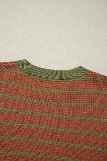Orange Stripe Trimmed Round Neck Drop Shoulder Loose Sweater