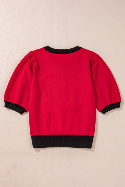 Purple Sequin Football Color Block Puff Short Sleeve Sweater