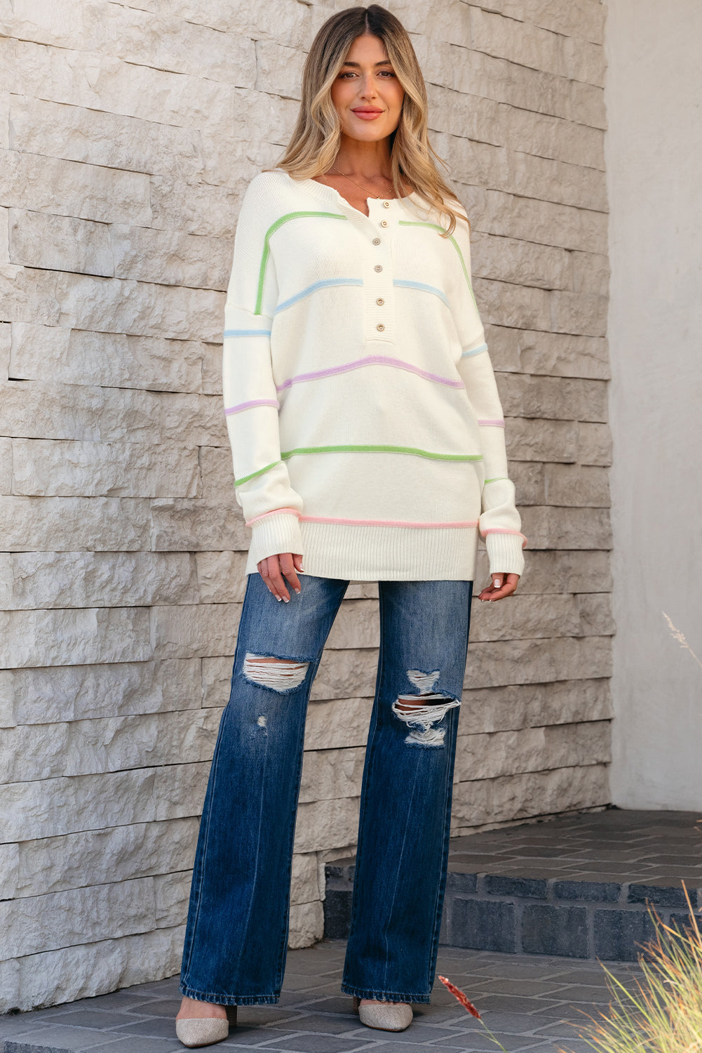 White Rainbow Stripes Drop Shoulder Baggy Henley Sweater