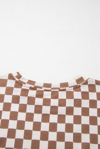 Brown Plus Size Checkerboard Print Side Slim Tee Shorts Set