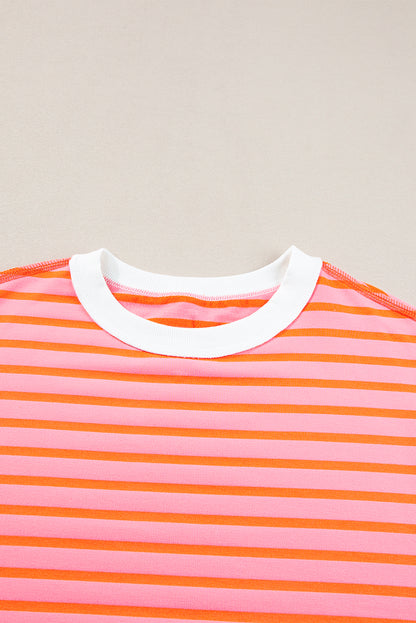 Sky Blue Stripe Oversized Contrast Trim Exposed Seam High Low T Shirt