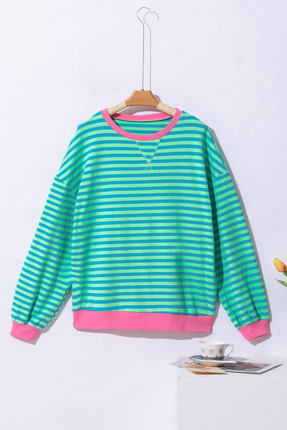 Green Stripe Oversized Contrast Trim Pullover Sweatshirt